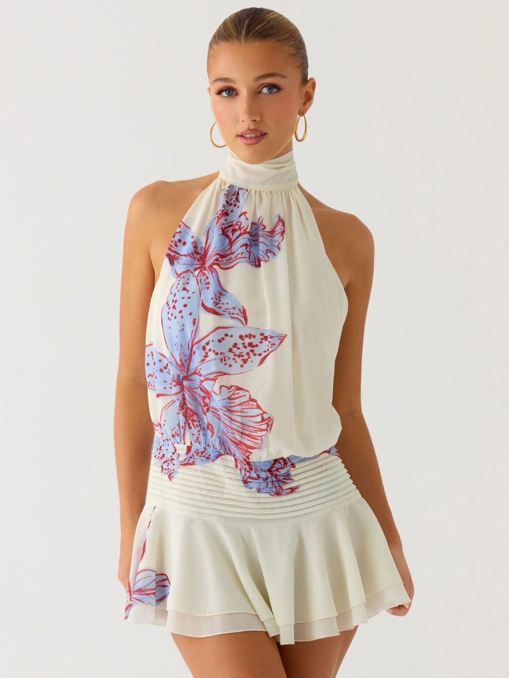 NWT Peppermayo Cream Halter Dress Blue & Pink Floral Print Open Back Size 6